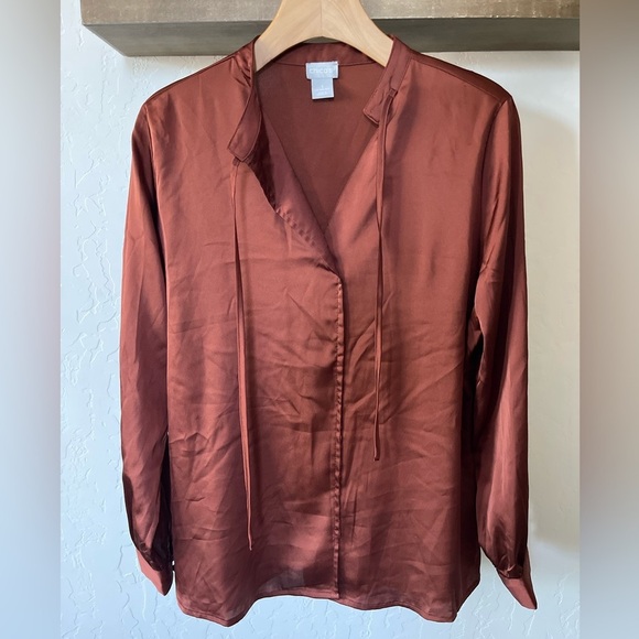 Chico’s| Burnt Orange, Copper-Brown Satin Long Sleeve Blouse•••Size Medium - Picture 1 of 10